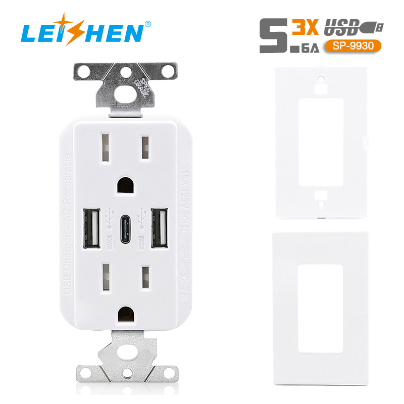 15A TR 3 USB And USB Type-C, 5V 5.6A Wall Outlet White