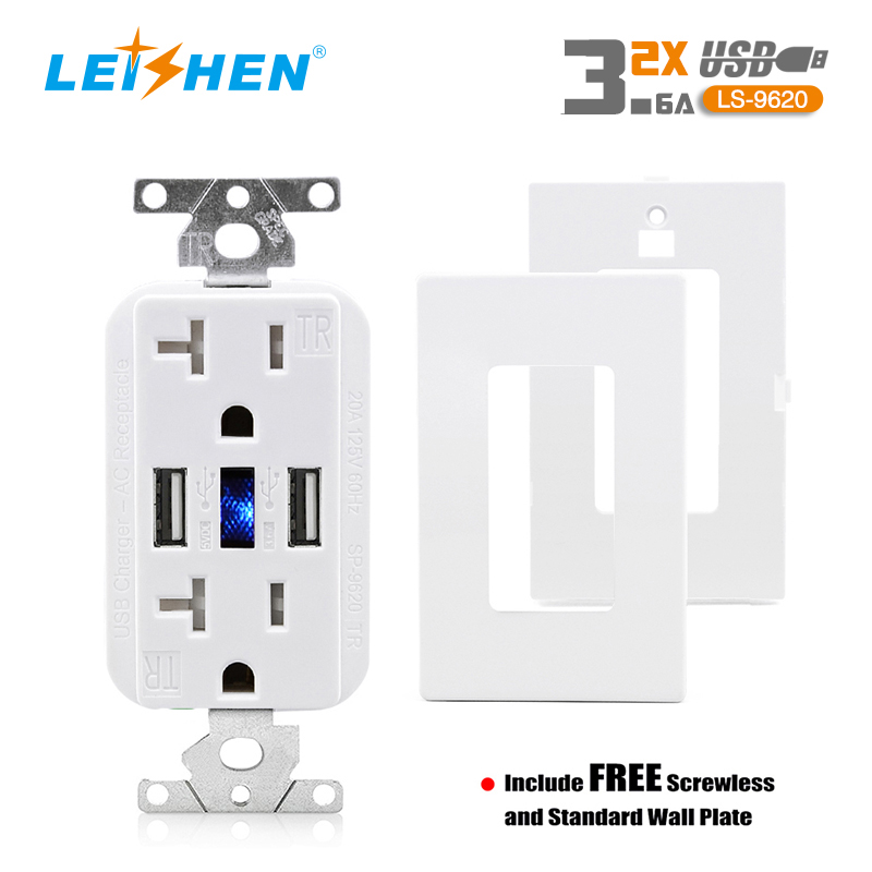 20A TR 2USB 5V3.6A wall outlet white