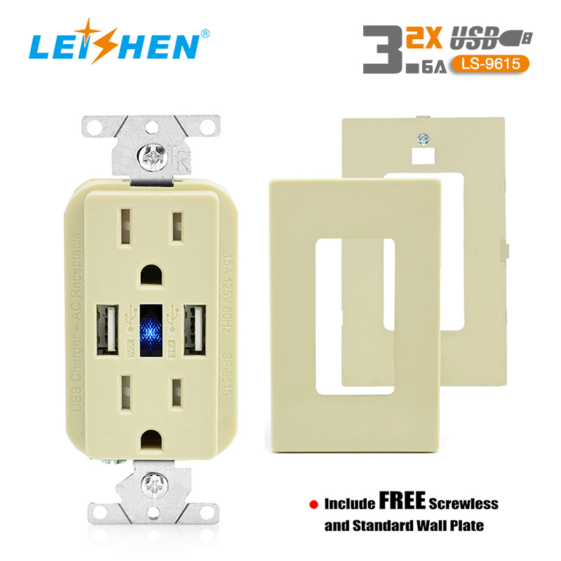 15A TR 2USB 5V 3.6A wall outlet Ivory
