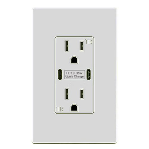 36W QC 3.0 PD 2.0 USB Wall Outlet, Dual Type C Power Delivery and Quick Charge for iPhone/iPad/Samsung/LG/HTC/Android Devices, 15 Amp USB Receptacle